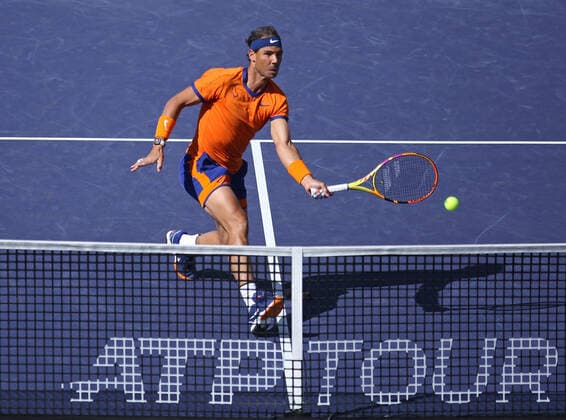Rafael Nadal of Spain hits a shot during his men s final match against American Taylor Fritz at the BNP Paribas Open in Indian Wells, California on Sunday, March 20, 2022. Fritz defeated Nadel 6-3, 7-6 (5) to win the championship and his first ATP, Tennis Herren Masters 1000 tournament.  IDW20220320026 DAVIDxSILPA