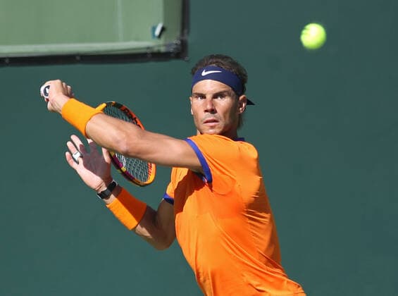 Rafael Nadal of Spain hits a shot during his men s final match against American Taylor Fritz at the BNP Paribas Open in Indian Wells, California on Sunday, March 20, 2022. Fritz defeated Nadel 6-3, 7-6 (5) to win the championship and his first ATP, Tennis Herren Masters 1000 tournament.  IDW20220320033 DAVIDxSILPA