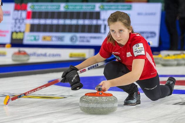 March 20, 2022, Prince George, BC, CANADA: Norway lead Martine Ronning throws a stone at CN Centre on Sunday evening during at the Women s World Curling in Prince George, B.C., Sunday, March 20, 2022. Canada News - March 20, 2022  - ZUMAc35_ 20220320_zaf_c35_120 Copyright: xJamesxDoylex