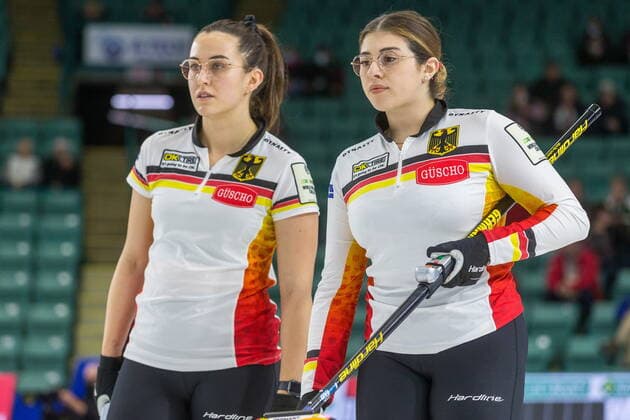 March 20, 2022, Prince George, BC, CANADA: Germany lead Analena Jentsch, left, and third Emira Abbes keep en eye on the action at CN Centre on Sunday evening during at the Women s World Curling in Prince George, B.C., Sunday, March 20, 2022. Canada News - March 20, 2022 - ZUMAc35_ 20220320_zaf_c35_122 Copyright: xJamesxDoylex