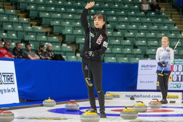 March 20, 2022, Prince George, BC, CANADA: Japan skip Ikue Kitazawa sets a target for her teammates while United States skip Cory Christensen looks on at CN Centre on Sunday evening during at the Women s World Curling in Prince George, B.C., Sunday, March 20, 2022. Canada News - March 20, 2022  - ZUMAc35_ 20220320_zaf_c35_126 Copyright: xJamesxDoylex