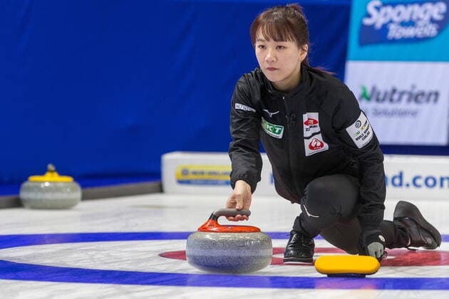 March 20, 2022, Prince George, BC, CANADA: Japan skip Ikue Kitazawa throws a stone at CN Centre on Sunday evening during at the Women s World Curling in Prince George, B.C., Sunday, March 20, 2022. Canada News - March 20, 2022  - ZUMAc35_ 20220320_zaf_c35_129 Copyright: xJamesxDoylex