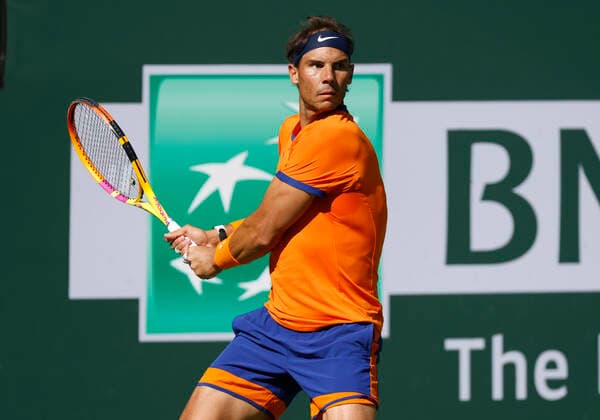 March 20, 2022 Rafael Nadal of Spain returns a shot against Taylor Fritz during the finals match of the 2022 BNP Paribas Open at Indian Wells Tennis Garden in Indian Wells, California. Indian Wells United States of America - ZUMAc04_ 20220320_zaf_c04_133 Copyright: xCharlesxBausx