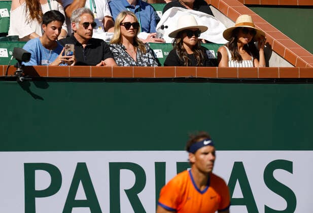 March 20, 2022 Ben Stiller and Christine Taylor watch Rafael Nadal of Spain and Taylor Fritz during the men s final at the 2022 BNP Paribas Open at Indian Wells Tennis Garden in Indian Wells, California. Indian Wells United States of America - ZUMAc04_ 20220320_zaf_c04_136 Copyright: xCharlesxBausx