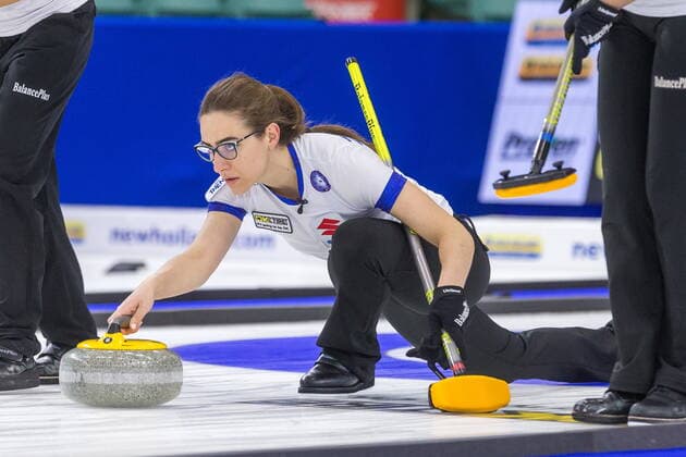 March 22, 2022, Prince George, BC, Canada: Italy lead Veronica Zappone throws a stone against Sweden at CN Centre at the Women s World Curling Championship in Prince George, B.C., on Tuesday, March 22, 2022. Canada News - March 22, 2022  - ZUMAc35_ 20220322_zaf_c35_042 Copyright: xJamesxDoylex