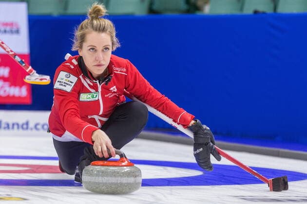 March 22, 2022, Prince George, BC, Canada: Denmark skip Madeleine Dupont throws a stone against Turkey at the Women s World Curling Championship in Prince George, B.C., on Tuesday, March 22, 2022. Canada News - March 22, 2022  - ZUMAc35_ 20220322_zaf_c35_044 Copyright: xJamesxDoylex