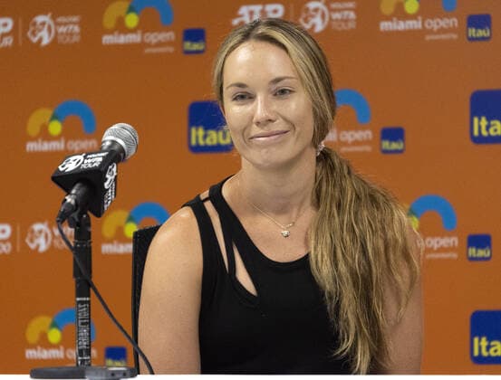 Danielle Collins talks to the media during the Miami Open in the Hard Rock Stadium in Miami Gardens, Florida, Wednesday, on March 23, 2022.  MIA20220323101 GARYxIxROTHSTEIN