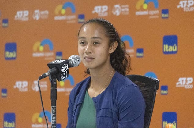 Leila Fernandez talks to the media during the Miami Open in the Hard Rock Stadium in Miami Gardens, Florida, Wednesday, on March 23, 2022.  MIA20220323106 GARYxIxROTHSTEIN