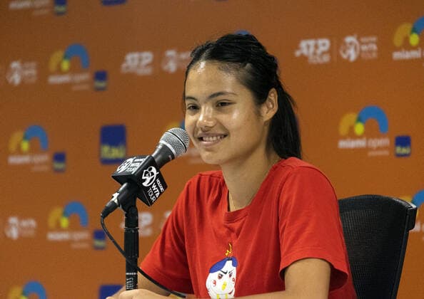 Emma Raducanu talks to the media during the Miami Open in the Hard Rock Stadium in Miami Gardens, Florida, Wednesday, on March 23, 2022.  MIA20220323102 GARYxIxROTHSTEIN
