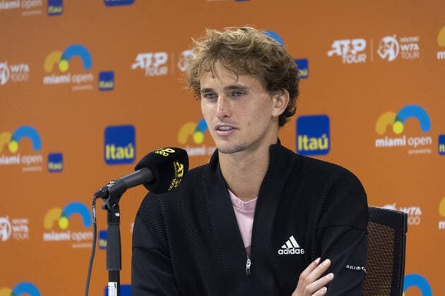 Alexander Zverev talks to the media during the Miami Open in the Hard Rock Stadium in Miami Gardens, Florida, Wednesday, on March 23, 2022.  MIA20220323117 GARYxIxROTHSTEIN