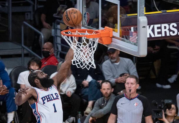 March 23, 2022, Los Angeles, California, USA: James Harden 1 of the Philadelphia 76ers puts up a layup during their NBA, Basketball Herren, USA game against the Los Angeles Lakers on Wednesday March 23, 2022 at Crypto.com Arena in Los Angeles, California. PI Los Angeles USA - ZUMAp124 20220323_zaa_p124_002 Copyright: xJAVIERxROJASx