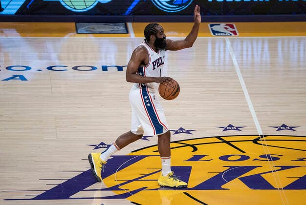 March 23, 2022, Los Angeles, California, USA: James Harden 1 of the Philadelphia 76ers during their NBA, Basketball Herren, USA game against the Los Angeles Lakers on Wednesday March 23, 2022 at Crypto.com Arena in Los Angeles, California. PI Los Angeles USA - ZUMAp124 20220323_zaa_p124_010 Copyright: xJAVIERxROJASx