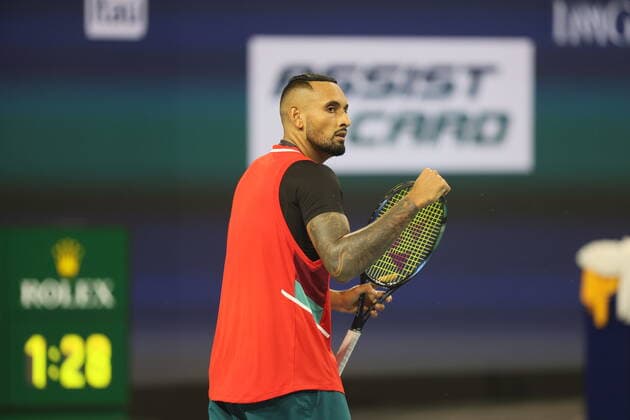 March 23, 2022, Miami Gardens, Florida, United States Of America: MIAMI GARDENS, FLORIDA - MARCH 23: Nick Kyrgios of Australia defeats Adrian Mannarino of France during the 2022 Miami Open at Hard Rock Stadium on March 23, 2022 in Miami Gardens, Florida. ...People: Nick Kyrgios Miami Gardens United States Of America - ZUMAs214 20220323_zda_s214_174 Copyright: xSMGx