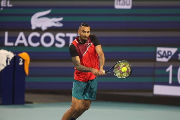 March 23, 2022, Miami Gardens, Florida, United States Of America: MIAMI GARDENS, FLORIDA - MARCH 23: Nick Kyrgios of Australia defeats Adrian Mannarino of France during the 2022 Miami Open at Hard Rock Stadium on March 23, 2022 in Miami Gardens, Florida. ...People: Nick Kyrgios Miami Gardens United States Of America - ZUMAs214 20220323_zda_s214_190 Copyright: xSMGx