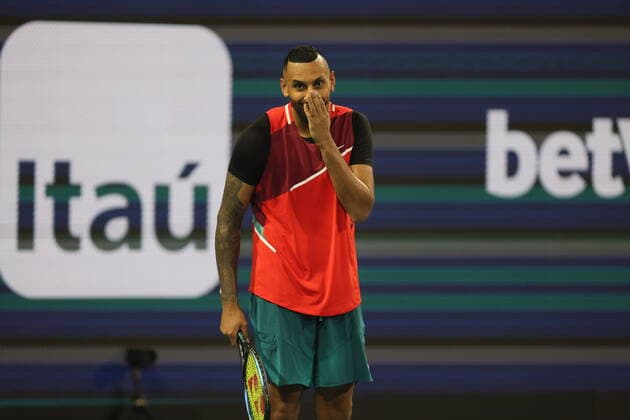 March 23, 2022, Miami Gardens, Florida, United States Of America: MIAMI GARDENS, FLORIDA - MARCH 23: Nick Kyrgios of Australia defeats Adrian Mannarino of France during the 2022 Miami Open at Hard Rock Stadium on March 23, 2022 in Miami Gardens, Florida. ...People: Nick Kyrgios Miami Gardens United States Of America - ZUMAs214 20220323_zda_s214_201 Copyright: xSMGx