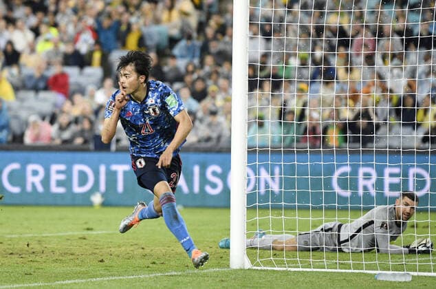Sport Themen der Woche KW12 Football: Australia-Japan World Cup qualifier Kaoru Mitoma of Japan reacts after opening the scoring late in the second half of a Group B football match against Australia in Sydney on March 24, 2022, in the final group-phase round of Asian qualifying for the 2022 World Cup in Qatar.  A14AA0001272444P