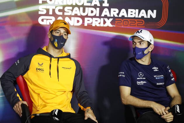 RICCIARDO Daniel (aus), McLaren F1 Team MCL36, LATIFI Nicholas (can), Williams Racing FW44, portrait during the Formula 1 STC Saudi Arabian Grand Prix 2022, 2nd round of the 2022 FIA Formula One World Championship, WM, Weltmeisterschaft on the Jeddah Corniche Circuit, from March 25 to 27, 2022 in Jeddah, Saudi Arabia - F1 - SAUDI ARABIAN GRAND PRIX 2022 DPPI Panoramic GP2202_120917_31I4345