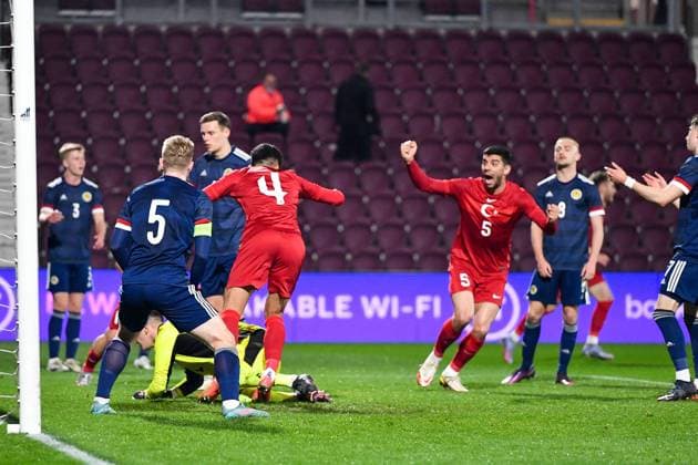 Scotland v Turkey U21, U 21 UEFA EUROPEAN CHAMPIONSHIPS 25 03 2022. Qualifier GOAL 0-1 Turkey s Furkan Bayir scores the opening goal during the U21 UEFA EUROPEAN CHAMPIONSHIPS qualification match between Scotland and Turkey at Tynecastle Park, Edinburgh, Scotland on 25 March 2022. Editorial use only , Copyright: xMalcolmxMackenziex PSI-14952-0006