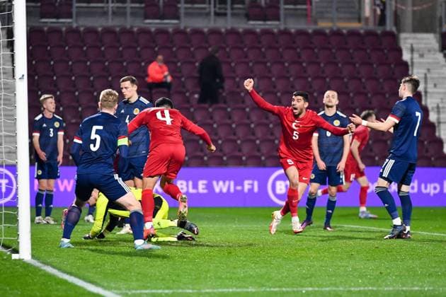 Scotland v Turkey U21, U 21 UEFA EUROPEAN CHAMPIONSHIPS 25 03 2022. Qualifier GOAL 0-1 Turkey s Furkan Bayir scores the opening goal during the U21 UEFA EUROPEAN CHAMPIONSHIPS qualification match between Scotland and Turkey at Tynecastle Park, Edinburgh, Scotland on 25 March 2022. Editorial use only , Copyright: xMalcolmxMackenziex PSI-14952-0007