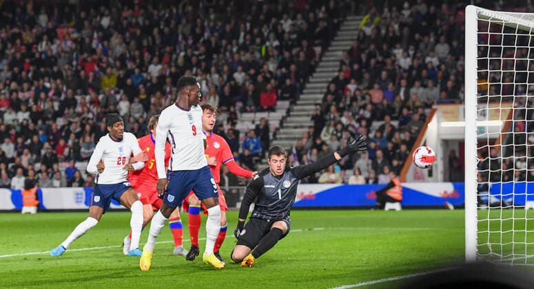 England U21, U 21 v Andorra U21 2023 UEFA European U21 Championship Folarin Balogun of England u21 scores his side s first goal during the 2023 UEFA European U21 Championship match at the Vitality Stadium, Bournemouth Content Not Available For UK Newspapers Copyright: xJeremyxLandeyx FIL-16717-0016