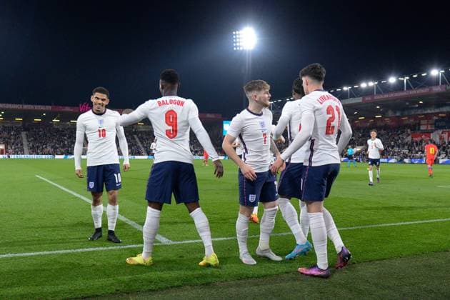 England v Andorra U21, U 21 UEFA EUROPEAN CHAMPIONSHIPS 25 03 2022. 2023 Qualifier Goal 1-0 - Folarin Balogun of England celebrates scoring the opening goal during the 2023 U21 UEFA EUROPEAN CHAMPIONSHIPS QUALIFICATION match between England and Andorra at the Vitality Stadium, Bournemouth, England on 25 March 2022. Bournemouth Vitality Stadium Dorset England Editorial use only , Copyright: xGrahamxHuntx PSI-14935-0028