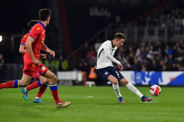 England v Andorra U21, U 21 UEFA EUROPEAN CHAMPIONSHIPS 25 03 2022. 2023 Qualifier Luke Thomas of England shoots at goal during the 2023 U21 UEFA EUROPEAN CHAMPIONSHIPS QUALIFICATION match between England and Andorra at the Vitality Stadium, Bournemouth, England on 25 March 2022. Bournemouth Vitality Stadium Dorset England Editorial use only , Copyright: xGrahamxHuntx PSI-14935-0030