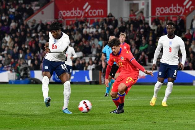 England v Andorra U21, U 21 UEFA EUROPEAN CHAMPIONSHIPS 25 03 2022. 2023 Qualifier Noni Madueke of England shoots at goal during the 2023 U21 UEFA EUROPEAN CHAMPIONSHIPS QUALIFICATION match between England and Andorra at the Vitality Stadium, Bournemouth, England on 25 March 2022. Bournemouth Vitality Stadium Dorset England Editorial use only , Copyright: xGrahamxHuntx PSI-14935-0032