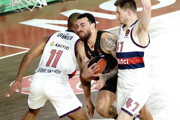 Mike James (AS Monaco) - Jayson Granger (Vitoria Gasteiz) - Arturs Kurucs (Vitoria Gasteiz) BASKETBALL : Monaco vs Vitoria Gasteiz - Euroleague - Monaco - 25 03 2022 NorbertScanella Panoramic 