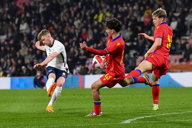 England U21, U 21 v Andorra U21 2023 UEFA European U21 Championship Tommy Doyle of England u21shoots during the 2023 UEFA European U21 Championship match at the Vitality Stadium, Bournemouth Content Not Available For UK Newspapers Copyright: xJeremyxLandeyx FIL-16717-0056