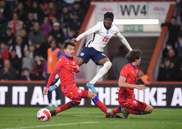 25th March 2022 ; Vitality Stadium Bournemouth, Dorset, England; Euro U21, U 21 Qualification, England versus Andorra; Noni Madueke of England crosses under pressure from Alex Alonso of Andorra  ActionPlus12373371 SimonxWest