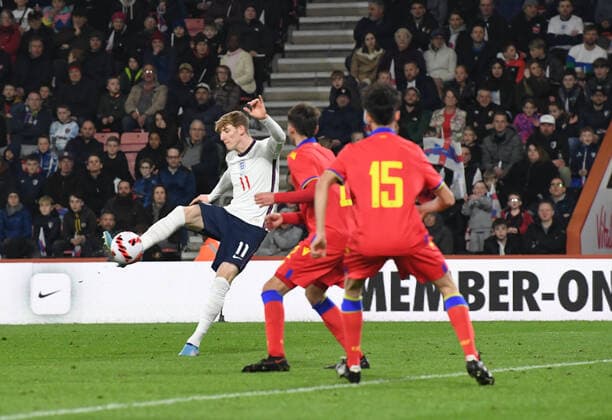 25th March 2022 ; Vitality Stadium Bournemouth, Dorset, England; Euro U21, U 21 Qualification, England versus Andorra; Anthony Gordon of England shoots and scores in 80th minute 4-1  ActionPlus12373372 SimonxWest