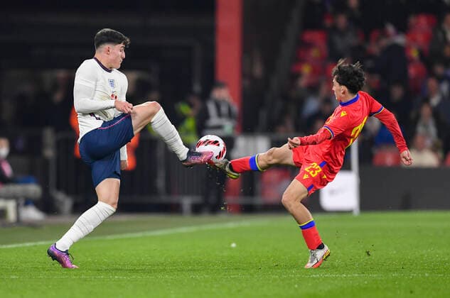 England U21, U 21 v Andorra U21 2023 UEFA European U21 Championship Tino Livramento of England u21 and Ot Remolins of Andorra u21 during the 2023 UEFA European U21 Championship match at the Vitality Stadium, Bournemouth Content Not Available For UK Newspapers Copyright: xJeremyxLandeyx FIL-16717-0070