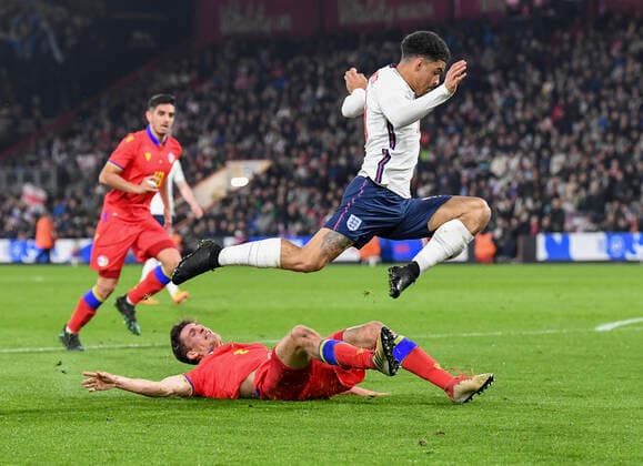 England U21, U 21 v Andorra U21 2023 UEFA European U21 Championship Morgan Gibbs-White of England u21 leaps over Joel Guillen of Andorra u21 during the 2023 UEFA European U21 Championship match at the Vitality Stadium, Bournemouth Content Not Available For UK Newspapers Copyright: xJeremyxLandeyx FIL-16717-0107