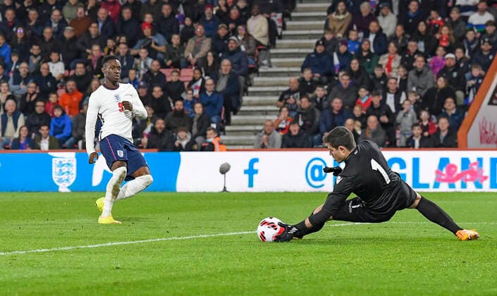 England U21, U 21 v Andorra U21 2023 UEFA European U21 Championship Rodriguez Giminez of Andorra u21 makes a save from Folarin Balogun of England u21 during the 2023 UEFA European U21 Championship match at the Vitality Stadium, Bournemouth Content Not Available For UK Newspapers Copyright: xJeremyxLandeyx FIL-16717-0112
