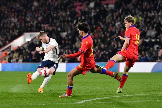 England v Andorra U21, U 21 UEFA EUROPEAN CHAMPIONSHIPS 25 03 2022. 2023 Qualifier Thomas Doyle of England shoots at goal during the 2023 U21 UEFA EUROPEAN CHAMPIONSHIPS QUALIFICATION match between England and Andorra at the Vitality Stadium, Bournemouth, England on 25 March 2022. Bournemouth Vitality Stadium Dorset England Editorial use only , Copyright: xGrahamxHuntx PSI-14935-0216