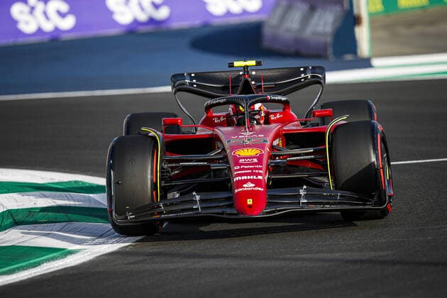 55 SAINZ Carlos (spa), Scuderia Ferrari F1-75, action during the Formula 1 STC Saudi Arabian Grand Prix 2022, 2nd round of the 2022 FIA Formula One World Championship, WM, Weltmeisterschaft on the Jeddah Corniche Circuit, from March 25 to 27, 2022 in Jeddah, Saudi Arabia - F1 - SAUDI ARABIAN GRAND PRIX 2022 DPPI Panoramic  00122006__B2_8092.JPG_