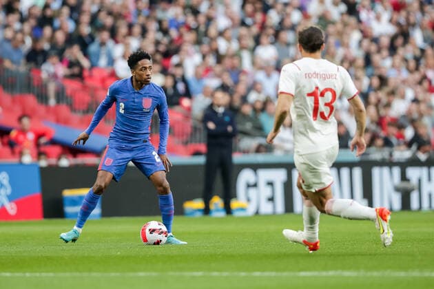 LONDON, ENGLAND - MARCH 26: during the International Friendly, Länderspiel, Nationalmannschaft match between England and Switzerland at Wembley Stadium on March 26, 2022 in London, United Kingdom. Kyle Walker-Peters of England against Ricardo Rodriguez of Switzerland London Wembley Stadium England United Kingdom Copyright: xJustPictures.chx xRichardxCallisx