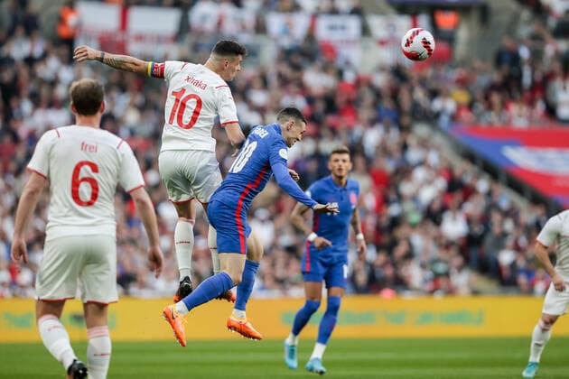 LONDON, ENGLAND - MARCH 26: during the International Friendly, Länderspiel, Nationalmannschaft match between England and Switzerland at Wembley Stadium on March 26, 2022 in London, United Kingdom. Granit Xhaka of Switzerland against Phil Foden of England London Wembley Stadium England United Kingdom Copyright: xJustPictures.chx xRichardxCallisx