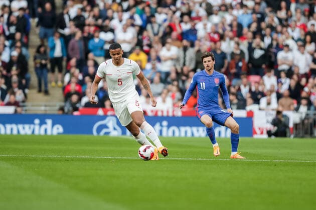 LONDON, ENGLAND - MARCH 26: during the International Friendly, Länderspiel, Nationalmannschaft match between England and Switzerland at Wembley Stadium on March 26, 2022 in London, United Kingdom. Manuel Akanji of Switzerland in action London Wembley Stadium England United Kingdom Copyright: xJustPictures.chx xRichardxCallisx