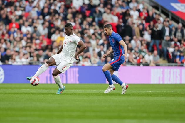 LONDON, ENGLAND - MARCH 26: during the International Friendly, Länderspiel, Nationalmannschaft match between England and Switzerland at Wembley Stadium on March 26, 2022 in London, United Kingdom. Breel Embolo of Switzerland against Conor Coady of England London Wembley Stadium England United Kingdom Copyright: xJustPictures.chx xRichardxCallisx