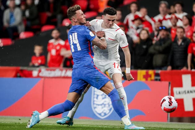 LONDON, ENGLAND - MARCH 26: during the International Friendly, Länderspiel, Nationalmannschaft match between England and Switzerland at Wembley Stadium on March 26, 2022 in London, United Kingdom. Benjamin White of England against Ruben Vargas of Switzerland London Wembley Stadium England United Kingdom Copyright: xJustPictures.chx xRichardxCallisx