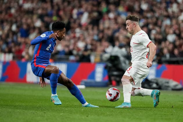 LONDON, ENGLAND - MARCH 26: during the International Friendly, Länderspiel, Nationalmannschaft match between England and Switzerland at Wembley Stadium on March 26, 2022 in London, United Kingdom. Xherdan Shaqiri of Switzerland against Kyle Walker-Peters of England< London Wembley Stadium England United Kingdom Copyright: xJustPictures.chx xRichardxCallisx