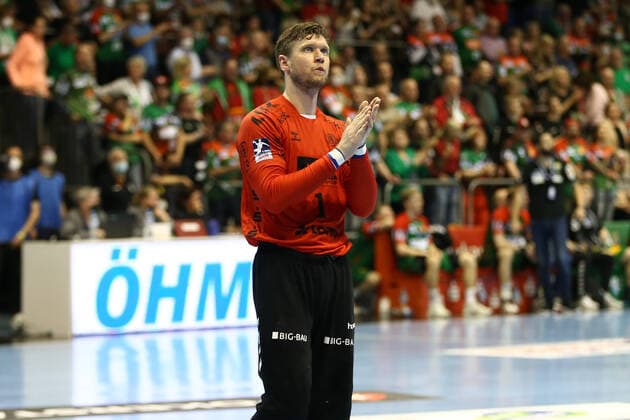 26.03.2022, xgox, Handball - Liqui Moly HBL, SC Magdeburg - THW Kiel emspor, v.l. Niklas Landin Jacobsen (Kiel, 1) Jubel ueber den Sieg, Jubel nach Spielende Magdeburg