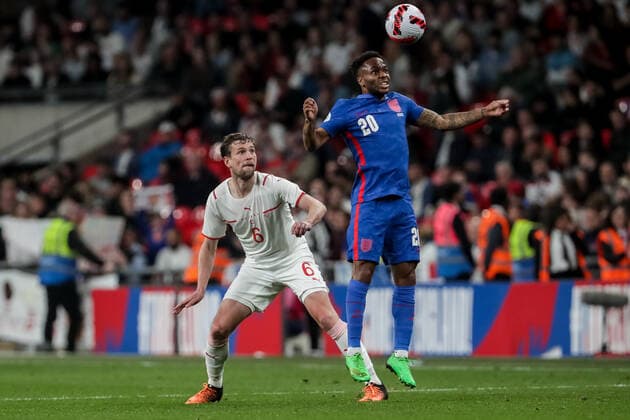 LONDON, ENGLAND - MARCH 26: during the International Friendly, Länderspiel, Nationalmannschaft match between England and Switzerland at Wembley Stadium on March 26, 2022 in London, United Kingdom. Raheem Sterling of England against Fabian Frei of Switzerland London Wembley Stadium England United Kingdom Copyright: xJustPictures.chx xRichardxCallisx