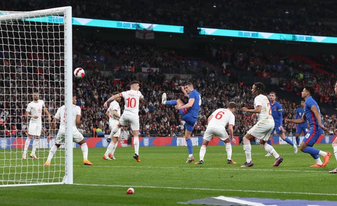 England v Switzerland International Football 26 March 2022 Wembley, International Football Friendly match, England v Switzerland - Conor Coady of England has a headed chance saved. (Photo by Mark Leech). London UK Copyright: xMarkxLeechxOffside