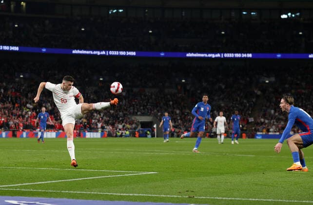 England v Switzerland International Football 26 March 2022 Wembley, International Football Friendly match, England v Switzerland - Granit Xhaka of Switzerland clears the ball. (Photo by Mark Leech). London UK Copyright: xMarkxLeechxOffside
