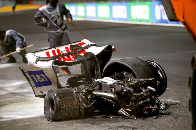 Debris pictured following the crash of 47 Mick Schumacher (DEU, Haas F1 Team), F1 Grand Prix of Saudi Arabia at Jeddah Corniche Circuit on March 26, 2022 in Jeddah, Saudi Arabia. (Photo by HOCH ZWEI) Jeddah Saudi Arabia