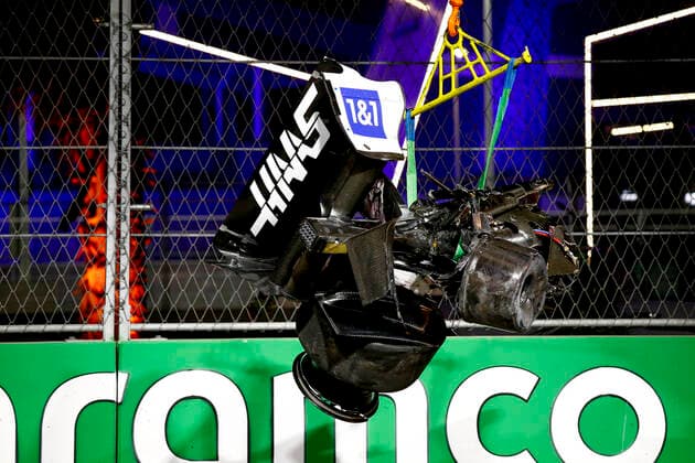 Debris pictured following the crash of 47 Mick Schumacher (DEU, Haas F1 Team), F1 Grand Prix of Saudi Arabia at Jeddah Corniche Circuit on March 26, 2022 in Jeddah, Saudi Arabia. (Photo by HOCH ZWEI) Jeddah Saudi Arabia