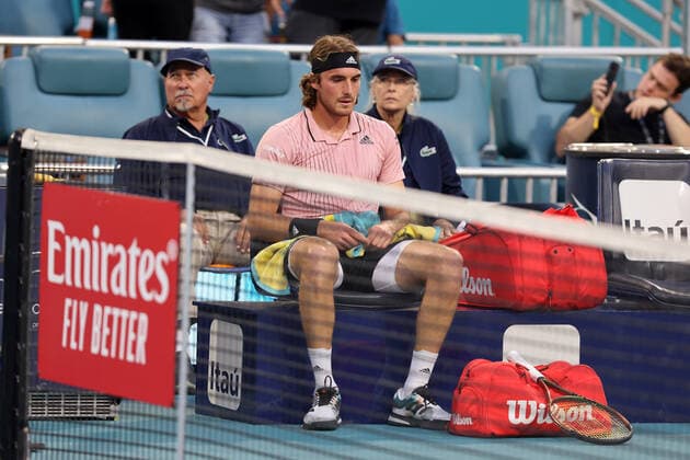 March 26, 2022, Miami Gardens, Florida, United States Of America: MIAMI GARDENS, FLORIDA - MARCH 26: Stefanos Tsitsipas of Greece defeats J.J. Wolf of The United States during day 6 of the Miami Open at Hard Rock Stadium on March 26, 2022 in Miami Gardens, Florida...People: Stefanos Tsitsipas Miami Gardens United States Of America - ZUMAs214 20220326_zda_s214_212 Copyright: xSMGx