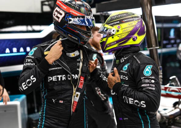 63 George Russell (GBR, Mercedes-AMG Petronas F1 Team), 44 Lewis Hamilton (GBR, Mercedes-AMG Petronas F1 Team), F1 Grand Prix of Saudi Arabia at Jeddah Corniche Circuit on March 27, 2022 in Jeddah, Saudi Arabia. (Photo by HOCH ZWEI) Jeddah Saudi Arabia